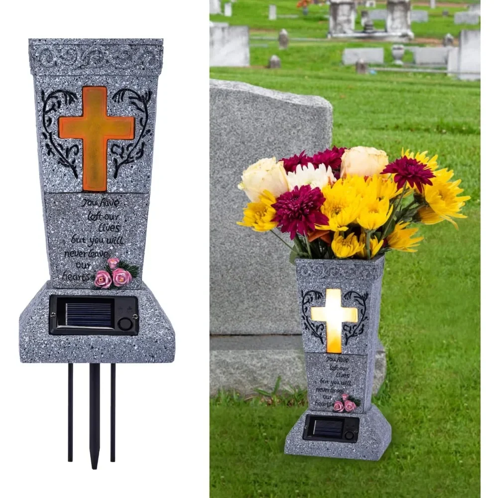 

Solar Cemetery Grave Vase with LED for Fresh/Artificial Flowers Headstones Vases with Spikes Gravestone Decor Memorial Gifts