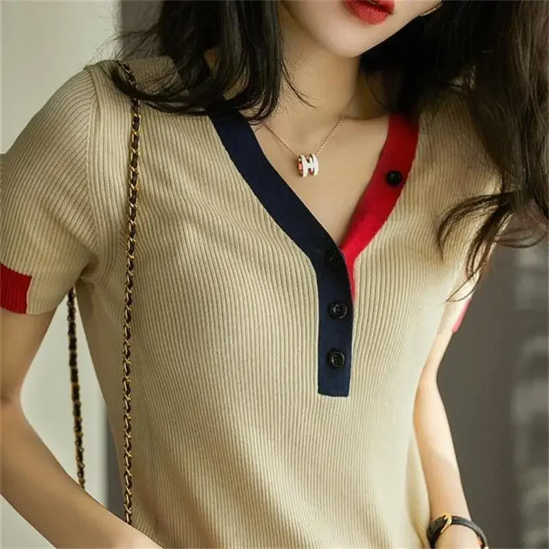 

Fashion Printed V-Neck Spliced Button All-match Blouse Women's Clothing 2024 Spring New Casual Pullovers Loose Korean Shirt N177