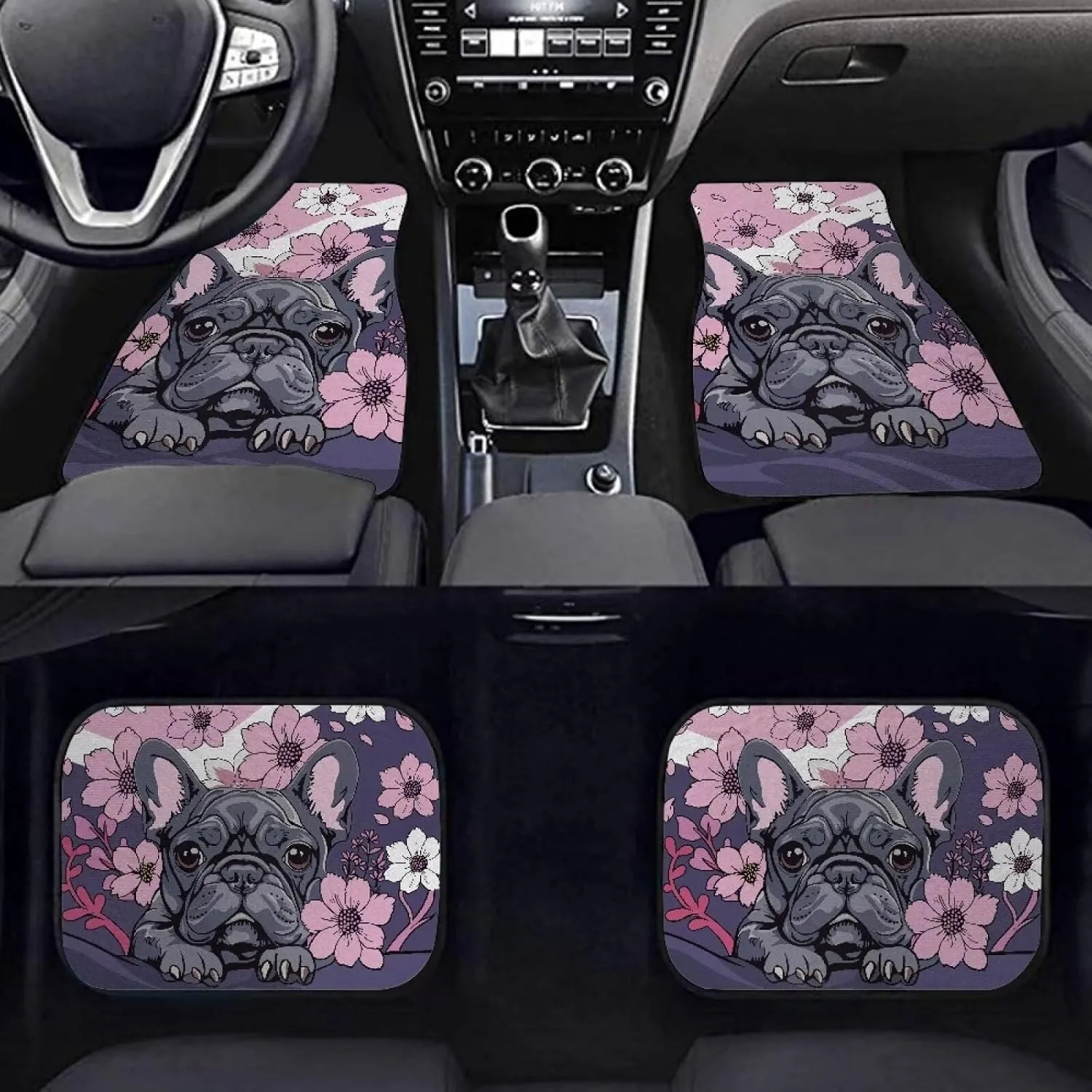 French Bulldog Cherry Blossom Pattern Floor Mats For Cars 4 Pack Automotive Anti-Slip Floor Liners Vehicle Floor Protector Fit F