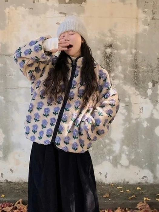 سترة قصيرة نسائية أنيقة بنمط زهور ثلاثية الأبعاد من قماش الصوف الناعم، تصميم كوري فضفاض بسحاب ونقش نباتي