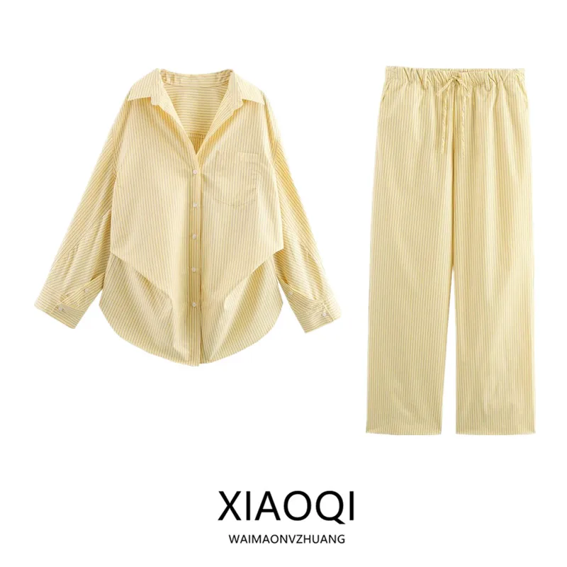 

Spring 2025 Women's Fashionable Long Sleeve Loose Silk Shirt High Waist Pants Versatile Spring New Arrival Ladies' Set