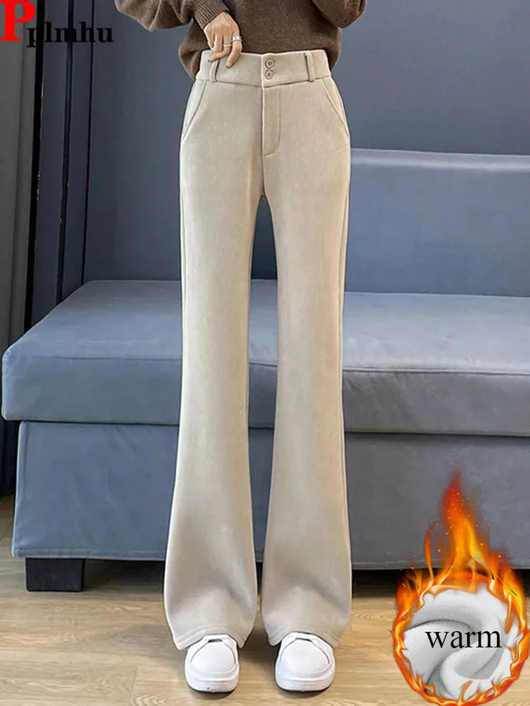 

Зимняя одежда, тонкие брюки-клеш, зимние теплые брюки с высокой талией и бархатной подкладкой, широкие брюки, женские повседневные утепленные классические однотонные брюки