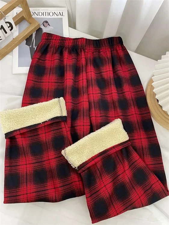 Hochgeschnittene Karierte Weite Hose für Damen Fleece-Gefüttert Verdickt Warm Locker Sitzend Winter Lounge-Hose Lässiger Komfort – Detail 6