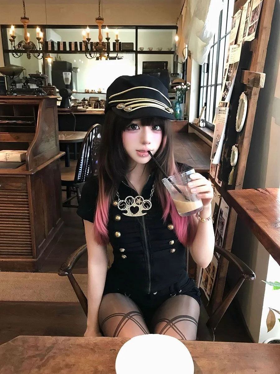 Napoleon Black Stand Collar Hollow Short Sleeve T-Shirt Sexy Slimming Top for Young Women Metal Button Casual Style Summer Wear