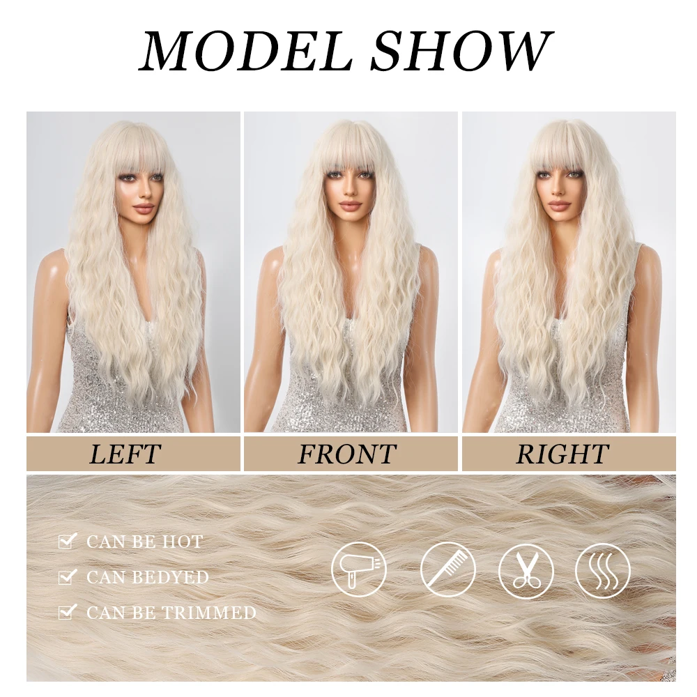 Long Platinum Curly Wave Synthetic Wigs for Women with Bangs Blonde Natural Hair Wig Halloween Cosplay Lolita Use Heat Resistant