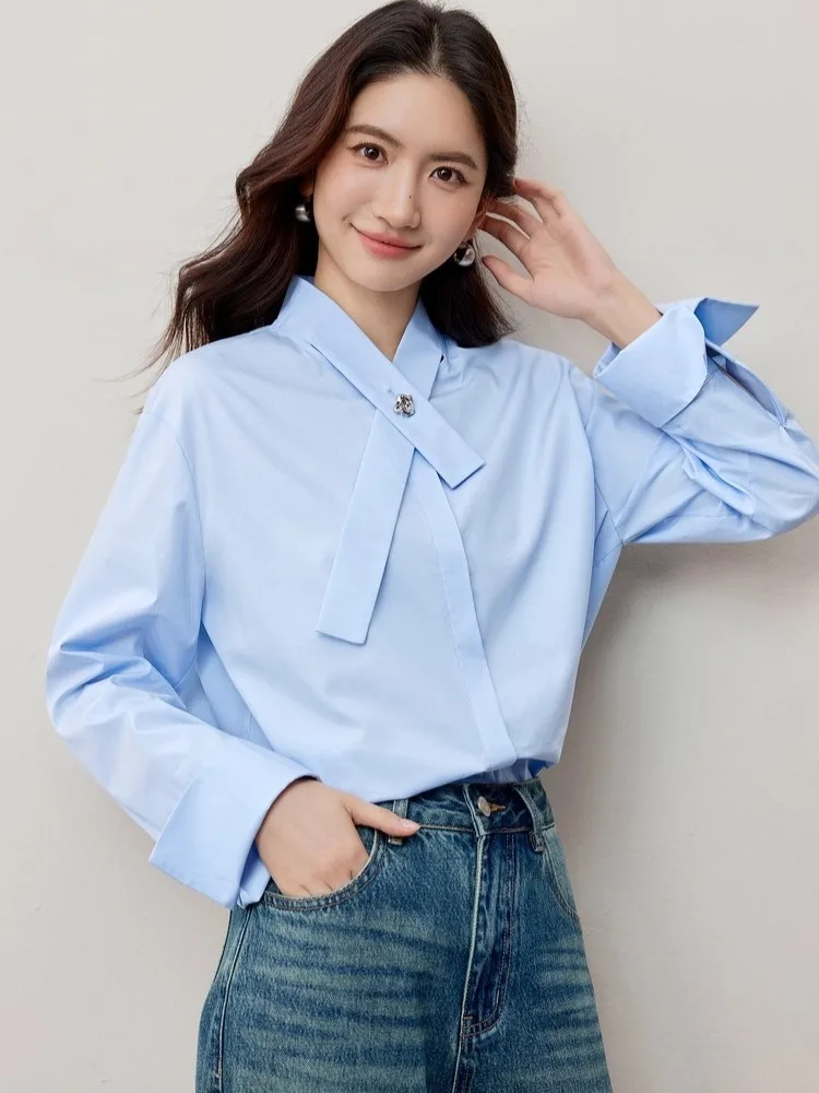 SENTUBILA Dames Casual Shirts Katoen 2025 Herfst Luxe Opstaande Kraag Korte voorkant-lange achterkant Zoom Tops Dameskleding 153CM3099