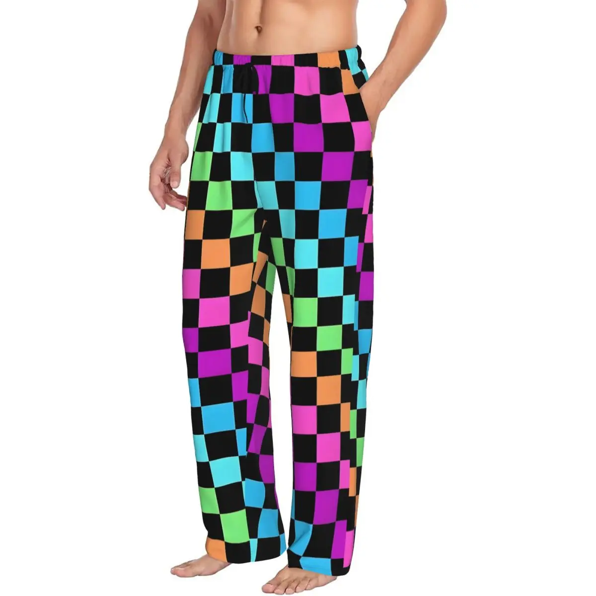 남성용 맞춤 프린트 체크 파자마 바지, 다채로운 프린트 수면복 바지 (포켓 포함)