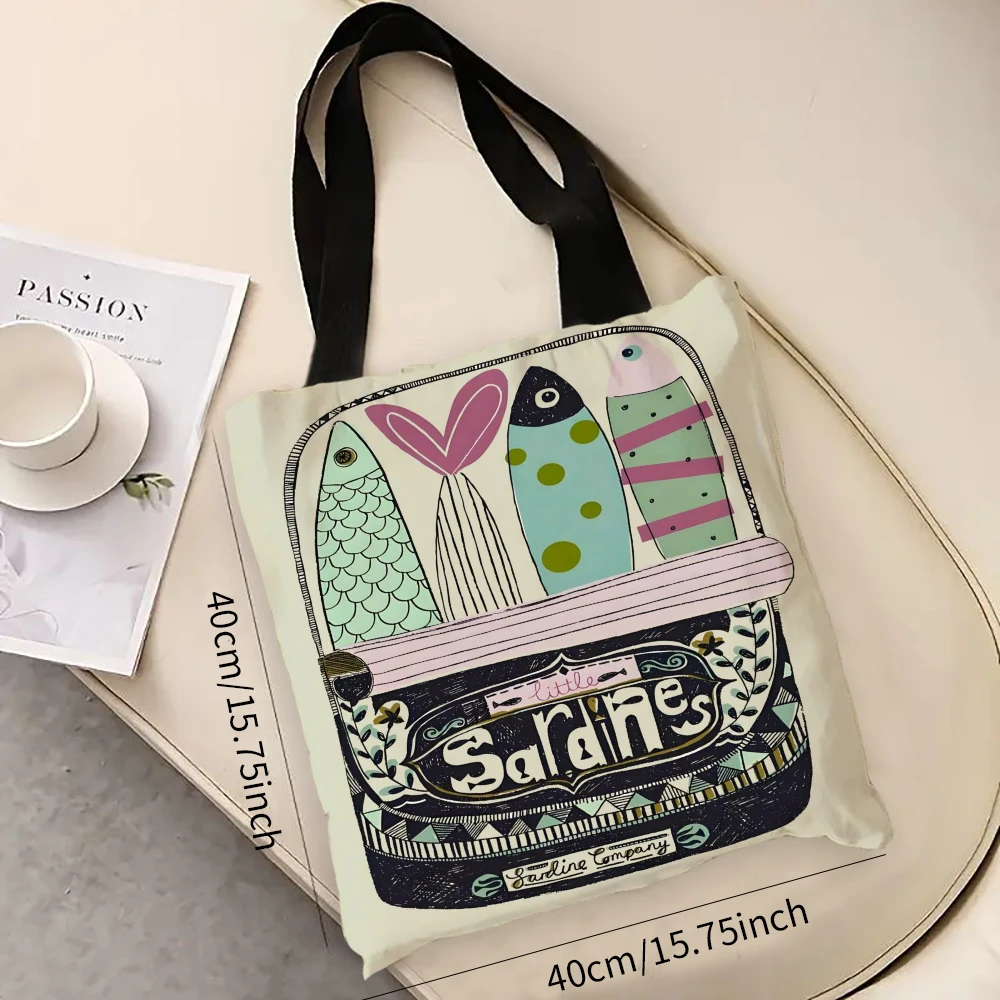 Popular Animal Retro Sardine Pattern Shoulder Bag Cool Printed Eco Linen Large Capacity Casual Shopping Traveling Handbag 6.11