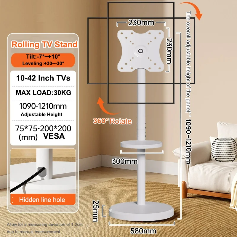 Portrait to Landscape Heavy Duty Mobile TV Cart with Shelf VESA 200x200mm Height Adjustable Rolling TV Stand for 10-42 Inch TVs