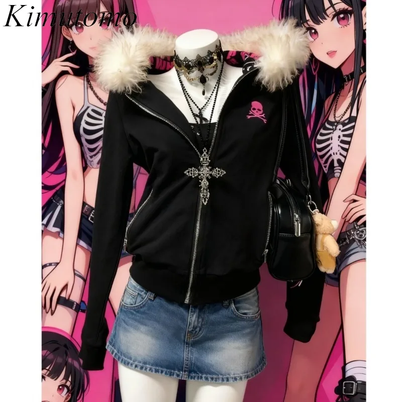 

Kimutomo толстовки женские с буквенным принтом на молнии осень зима пушистые лоскутные куртки с черепами гранж готический Y2k свитшот в стиле Харадзюку