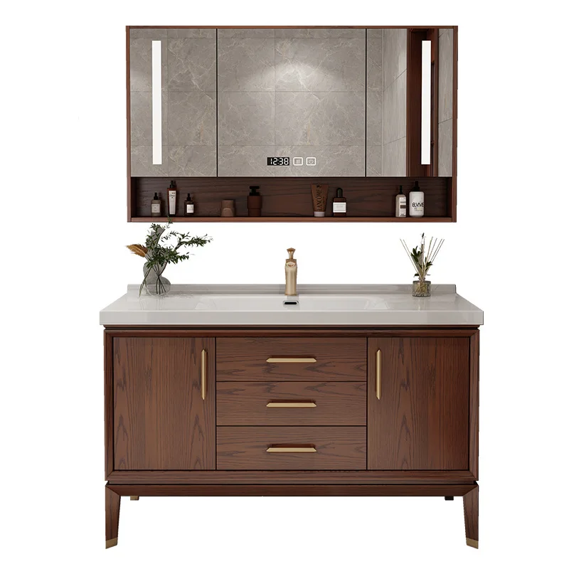 

New Chinese bathroom cabinet combination red oak integrated ceramic bathroom washstand bathroom floor-to-ceiling