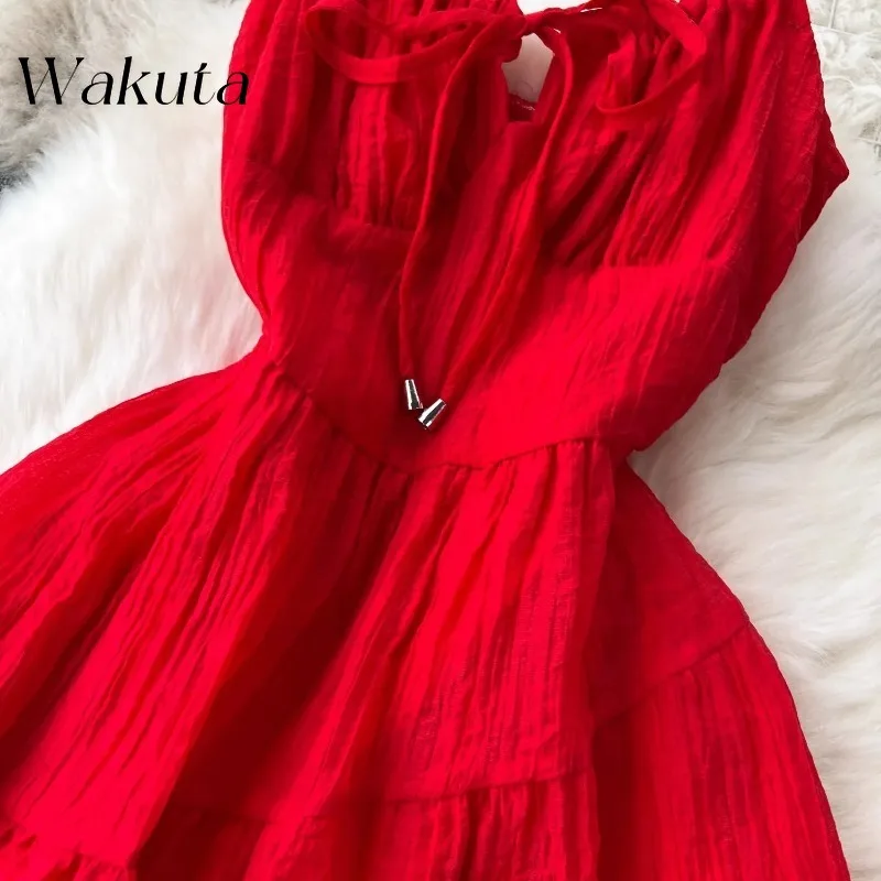 WAKUTA Casual Slash Neck Sleep Solid Color Pleated Vestidos Sexy Backless Hollowed Out A-line Formal Party Evening Mini Gowns