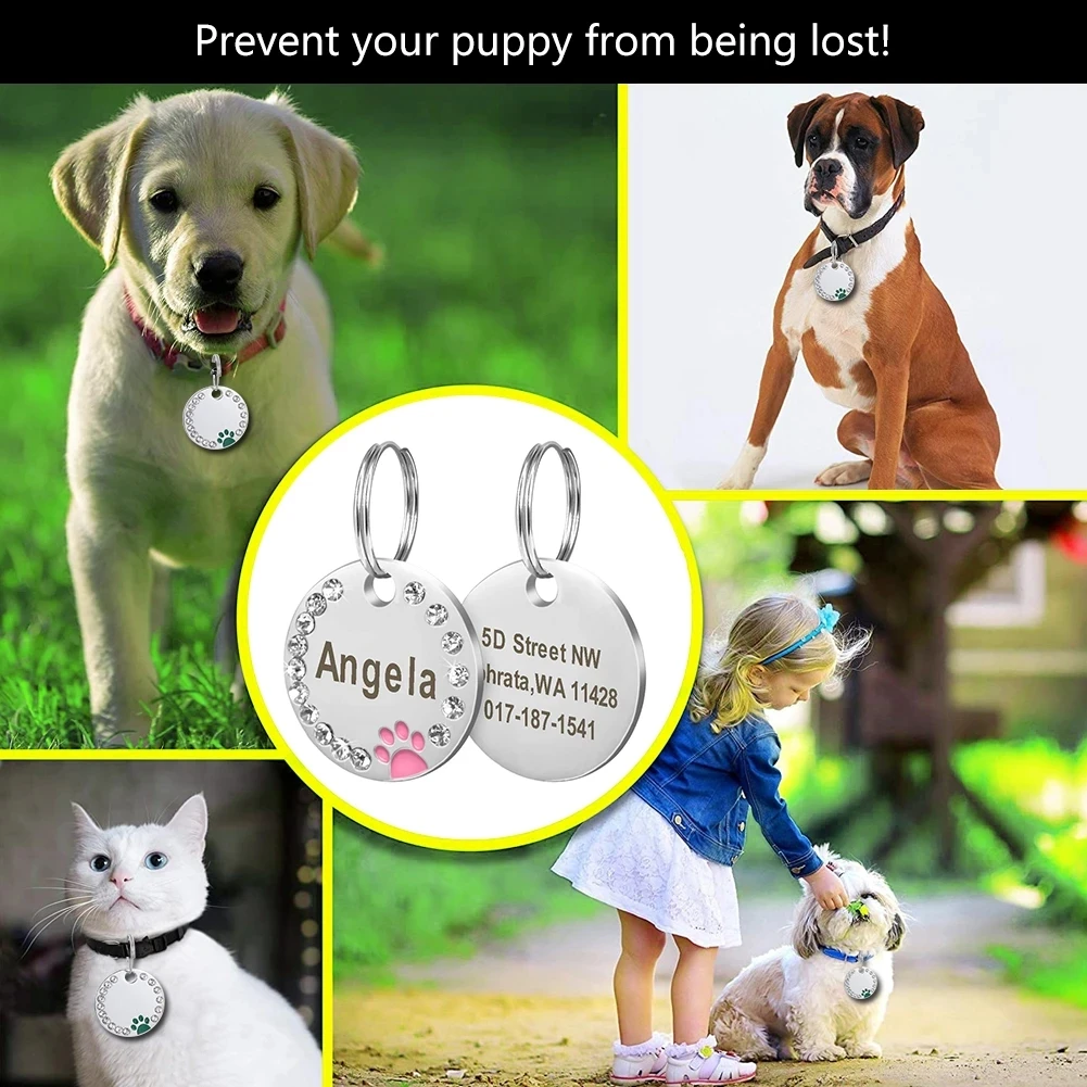 Stainless Steel Engraved Pet Name Collar Pendant ID Tags Personalized Anti-lost Engraved Diamond Pendant Necklace For Cat Dog ID