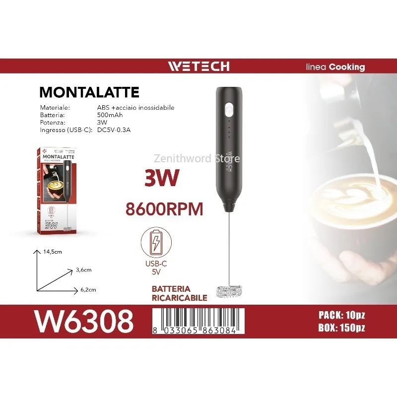 Espumador de Leche Eléctrico Recargable, Portátil, USB-C, 8600 RPM, 3W, para Café, Latte, Cappuccino, Chocolate Caliente, Batidor de Huevos