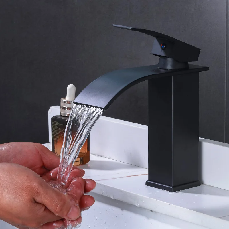 

Black basin waterfall faucet square elbow stainless steel hot and cold basin faucet on the platform basin faucet