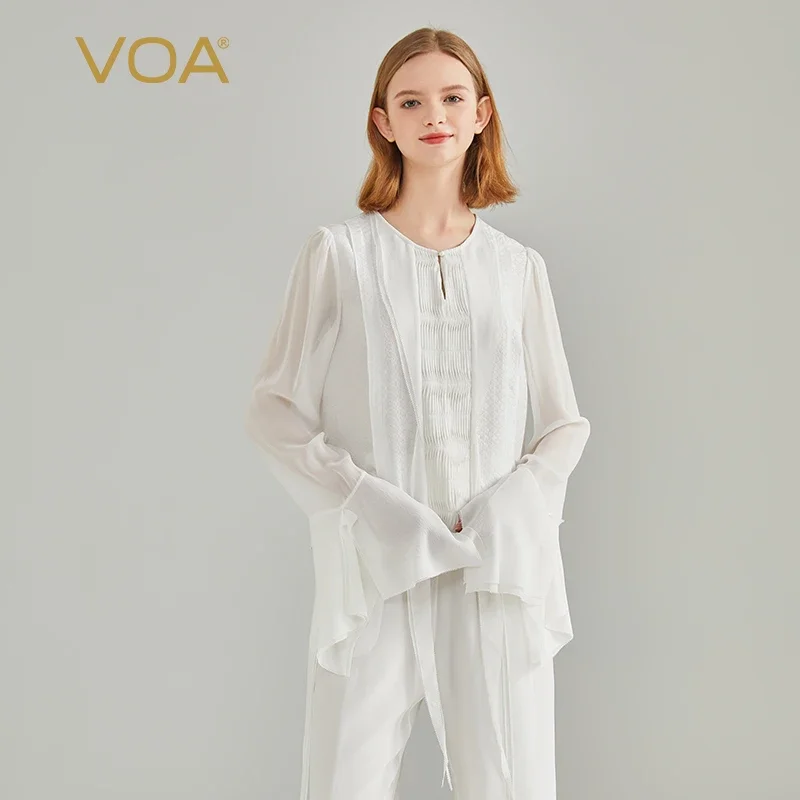 

VOA 100% Pure Silk Woven Printed Patchwork Georgette Silk Flare Long Sleeved Tops Women O-neck Straight Casual T-shirt BE1575