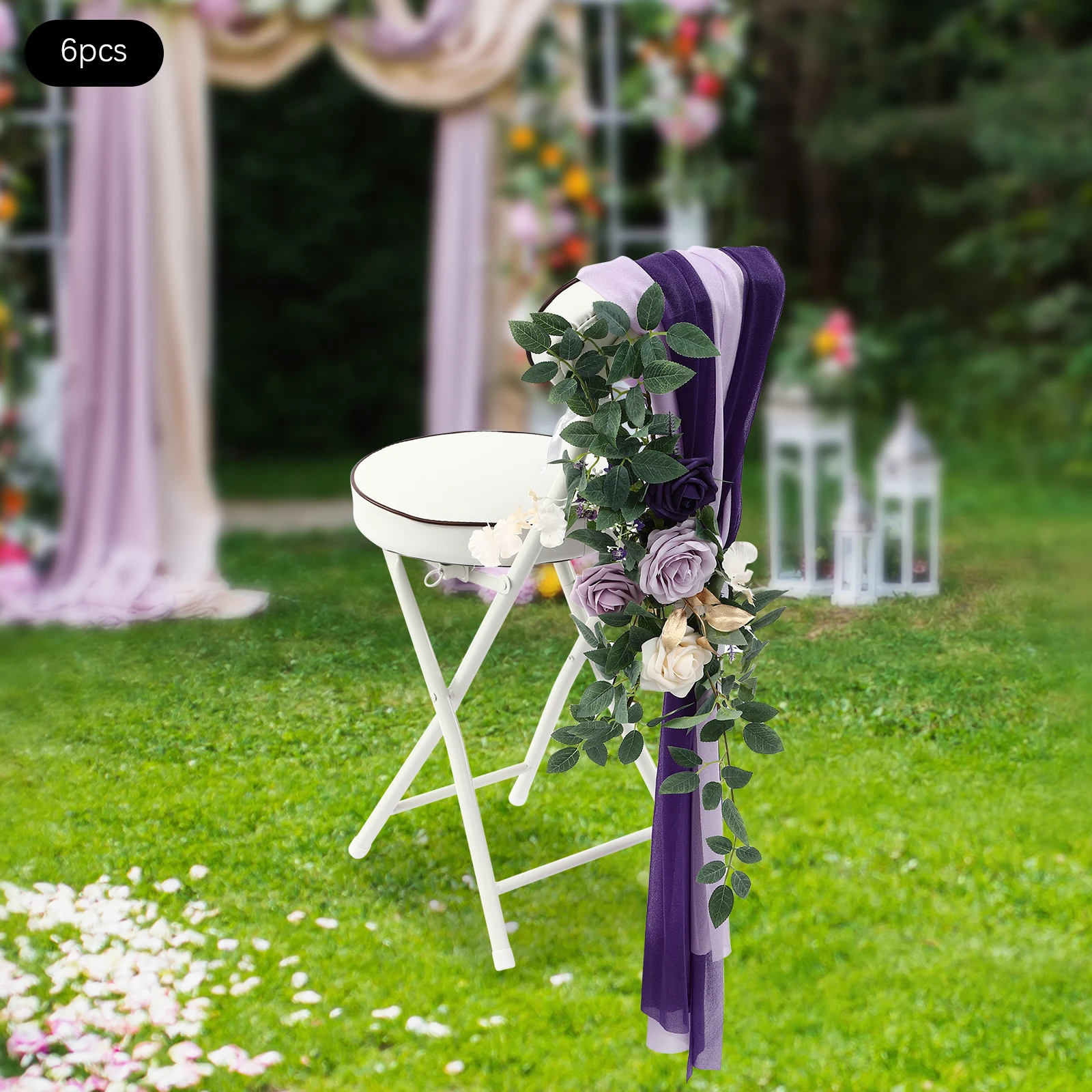 

6 Pcs Artificial Bouquets for Chair Decor, for 90-150cm Height Chair, Artificial Flower with Fabric for Wedding, Party, Purple