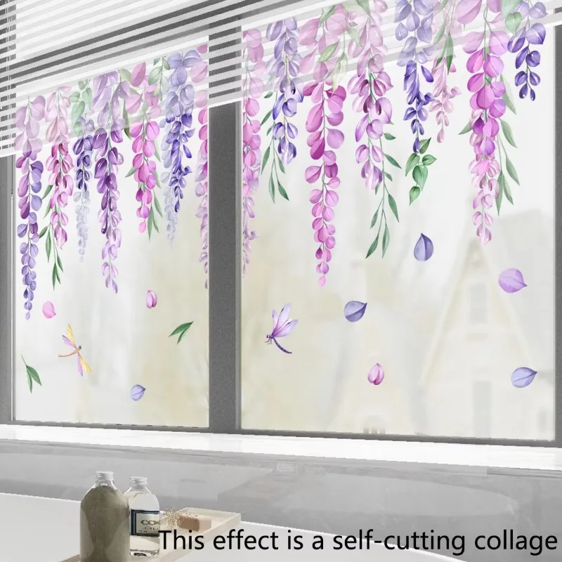 Lila Glyzinien-Blumen-Fensteraufkleber, elektrostatische Glassticker, Wohnzimmer, Schlafzimmer, Dekoration, Wandaufkleber, selbstklebend