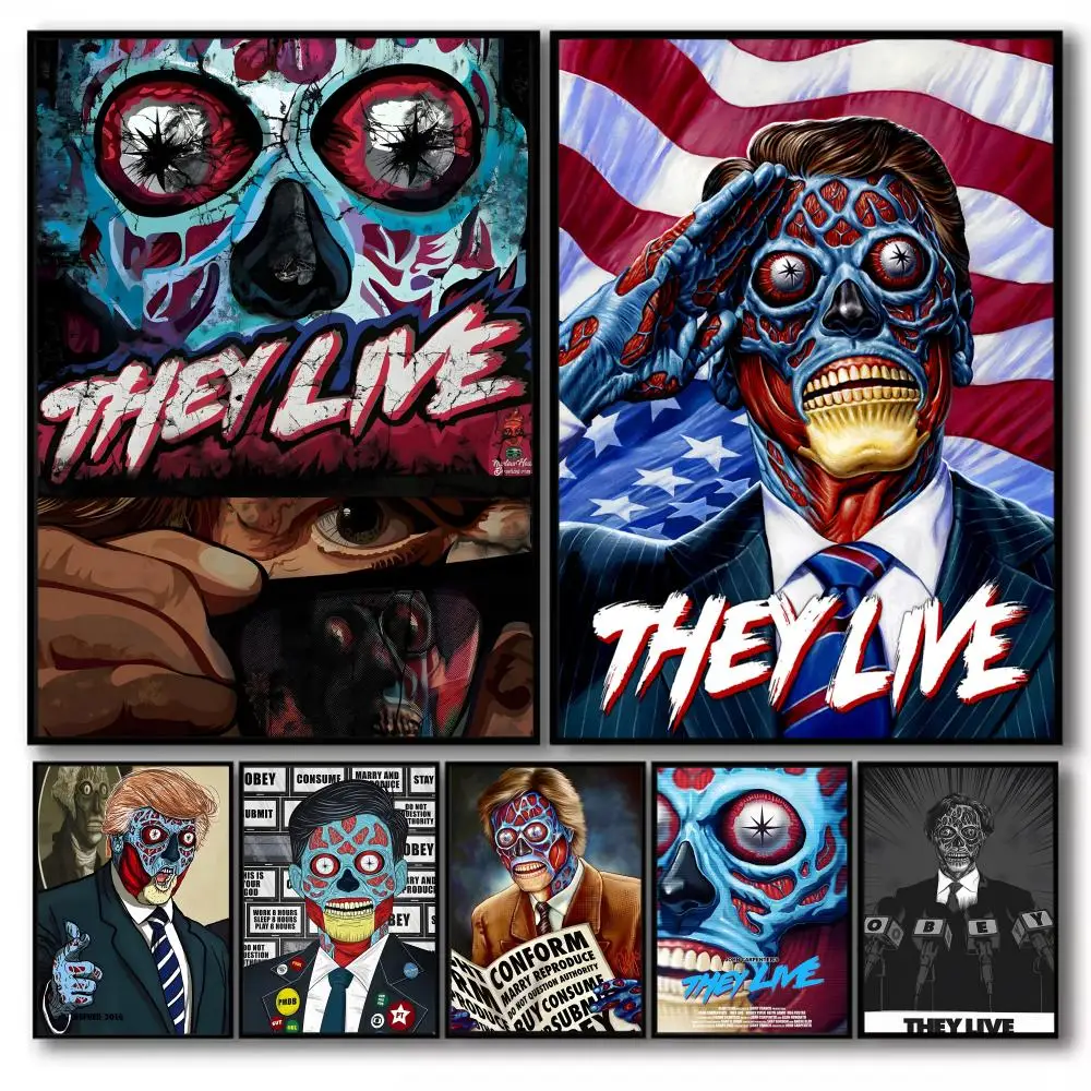 Poster Sticky Wall Art Printing Waterproof Home Living Bed Room Aesthetic Decor 1pc They Live Horror Movie Film