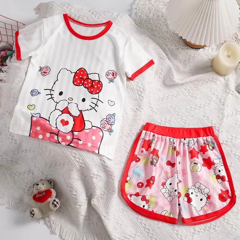 

Anime Figure Kids Kuromi Cotton Pajamas Set Melody Cinnamoroll Kuromi Casual Homewear Cute Summer Breathable Nightwear Girl Gift