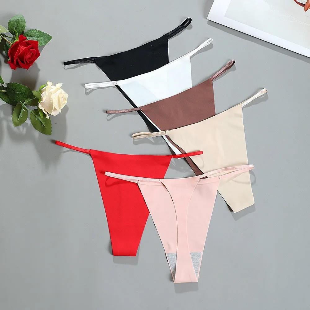 Breathable Cotton Crotch Seamless Thongs Ice Silk Traceless Bikini Briefs Solid Color Underpants T-back Panties Underwear