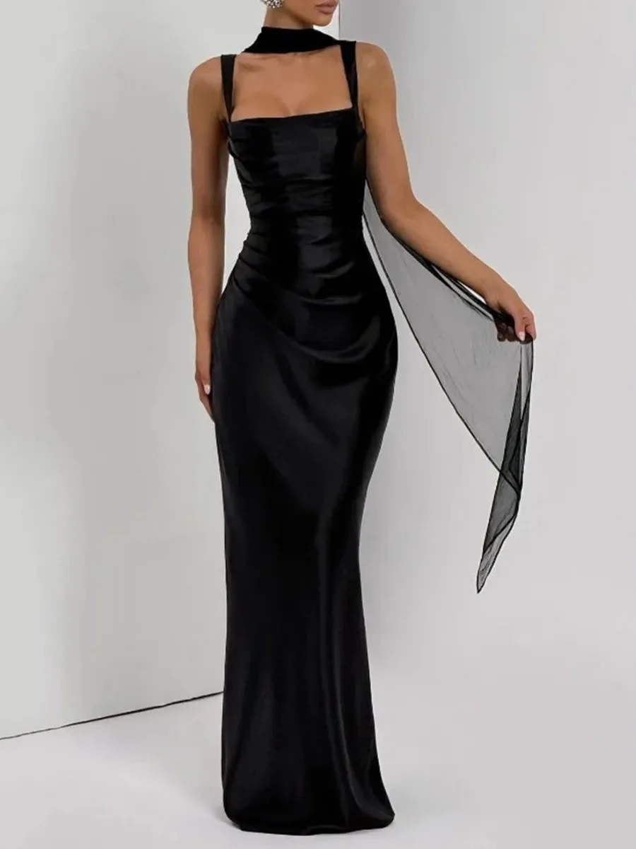 فساتين سهرة طويلة مثيرة من الساتان من TWOTWINSTYLE للنساء بياقة مربعة بدون أكمام بخصر عالٍ فستان ضيق للتخسيس للسيدات #4