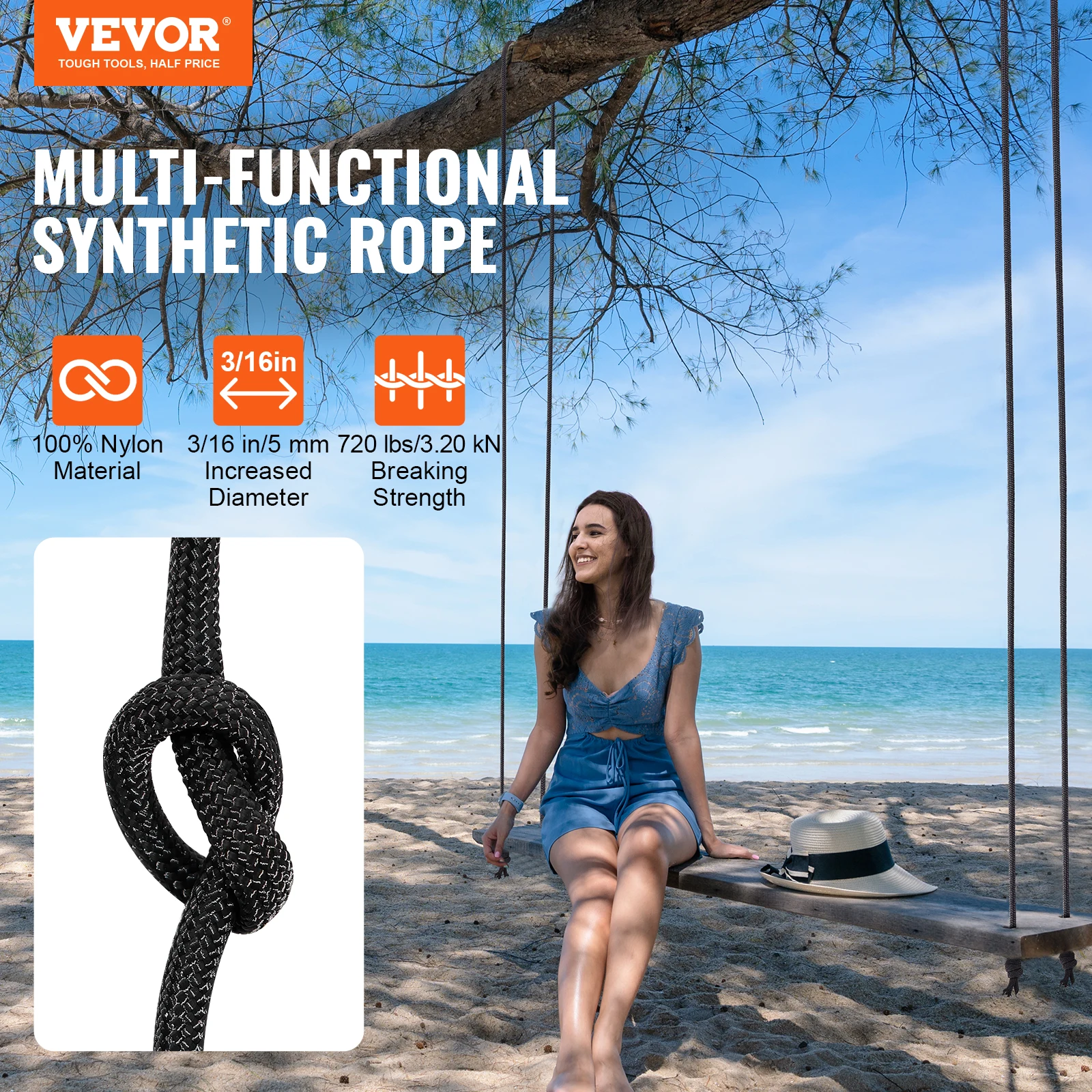 VEVOR Cuerda de Nailon Trenzado Negro, 5 mm x 304,8 m, 32 ​​hebras, 3,20 kN de Resistencia a la Rotura Cuerda de Escalada al Aire Libre para Senderismo en Roca, Camping, Columpio, Rescate en Rápel