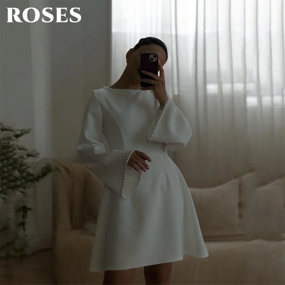 

ROSES White A Line Mini Prom Dresses Boat Neck Cocktail Dress with Pearls Celebrity Dress Bell Sleeves Evening Dress Customized