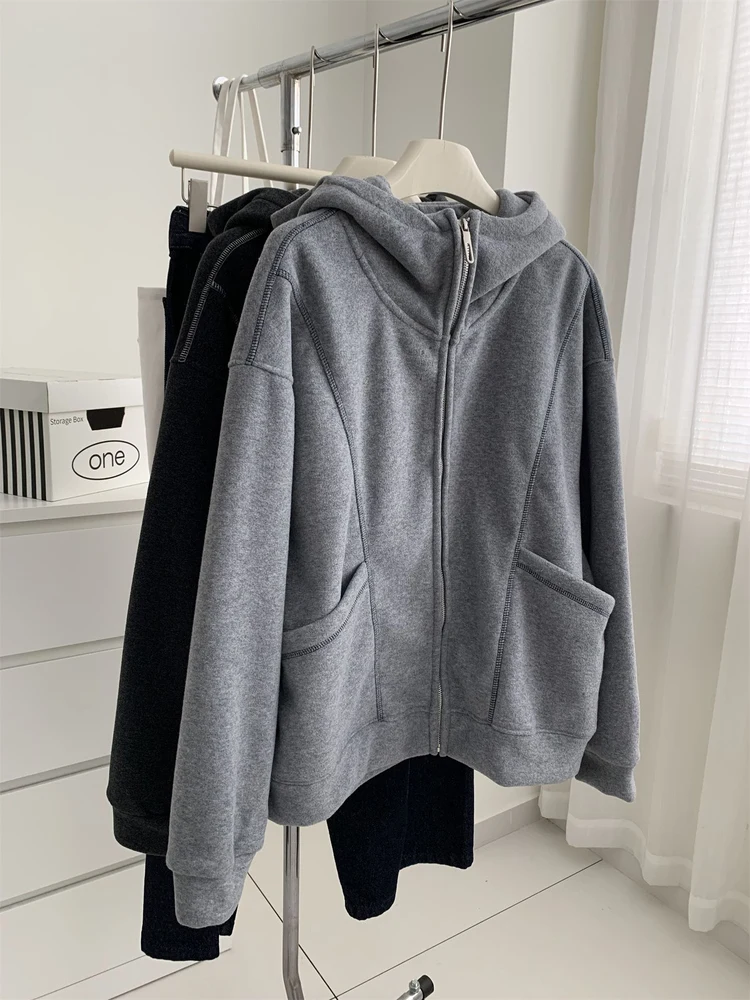 plus Size Women's Fleece Lined Thickened Hooded Open Cardigan Coat Autumn Winter Loose Large Version Zipper Layering Sweatshirt