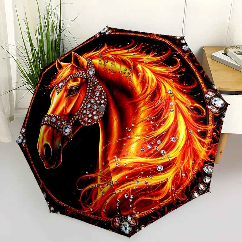 Horse Theme Design Folding Umbrella - Fashionable Auto-Open Design 8 Iron Ribs Plastic Handle Foldable Sunshade，Perfect Gifts