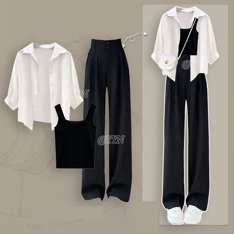 Women Spring Summer New Chic Tracksuit Matching Set Korean Elegant Casual Sunscreen Shirt+Vest+3 Piece Suit Pants 3-Piece Suits