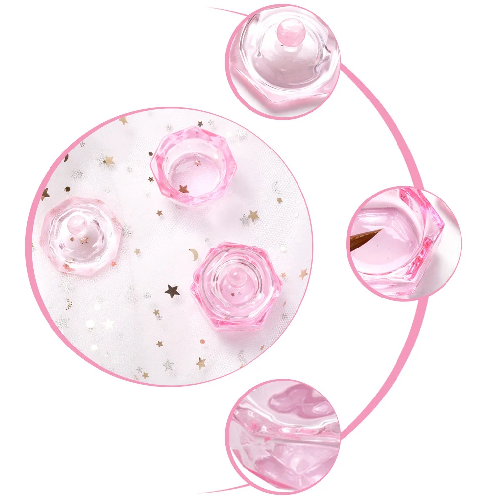 

2Pcs Nail Art Pink Crystal Manicure Glass Cup Sturdy Thick Bottom Powder Mixing Liquid Container Brush Cleaning