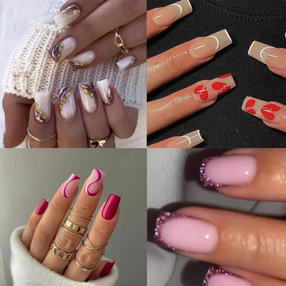 24 Uds puntas de uñas postizas Nials DIY uñas postizas cuadrado corto francés azul diamante comprobar