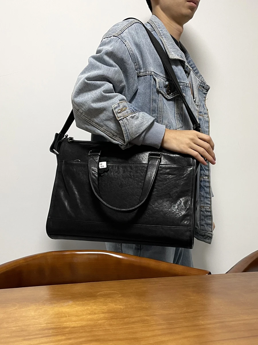 business casual first layer cowhide men women's black briefcase laptop handbag daily work luxury genuine leather messenger bag