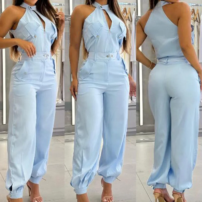 

Halter Sleeveless Zipper Top Two Pieces Sets, Women Summer Cargo Pants Patchwork Outfit, New Casual High Waist Chic Ladies Suits