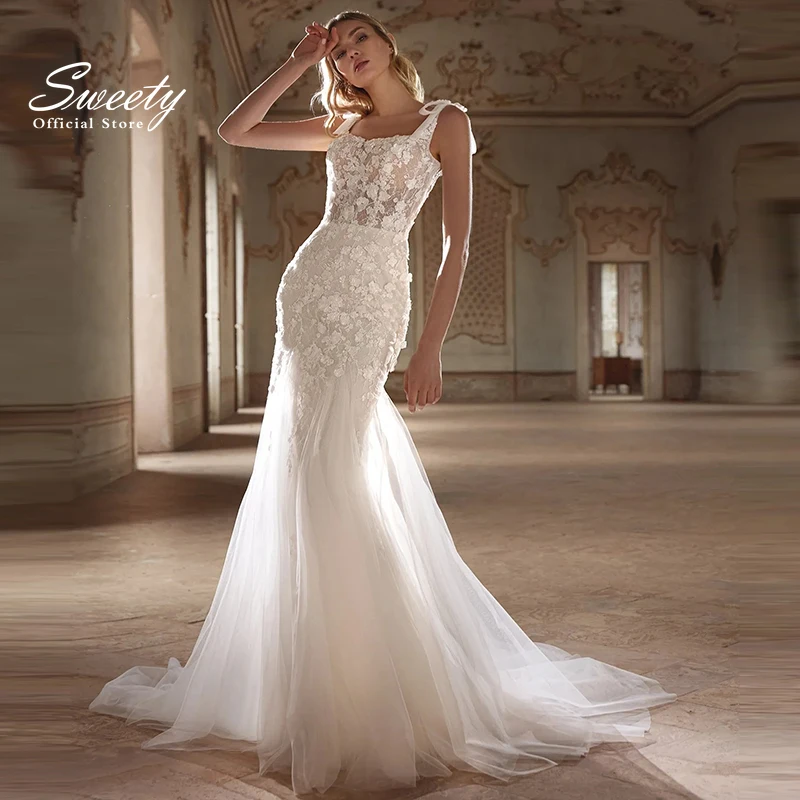 

Vintage Wedding Dress Mermaid Organza With Embroidery Lace Ball Gown Sleeveless Square Collar Bride Vestido De Novia Customized
