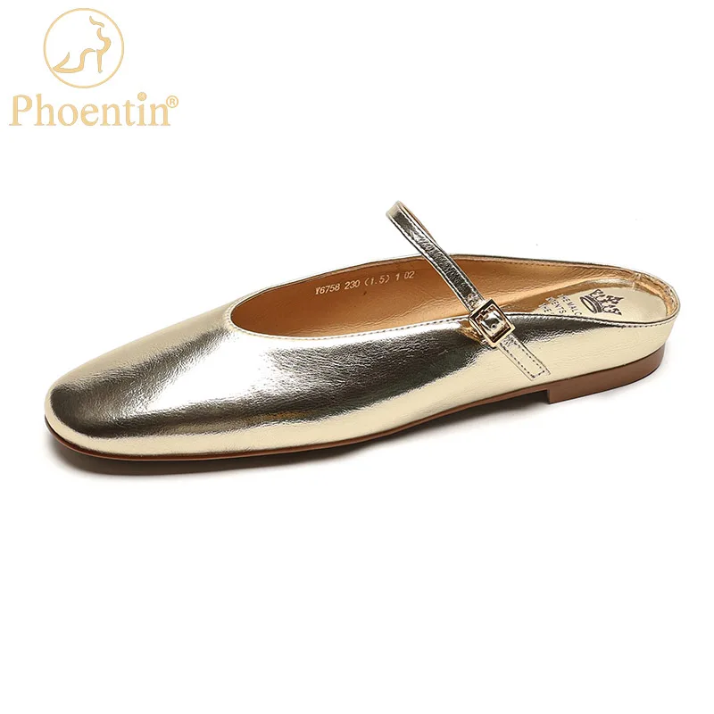 Phoentin Women\'s Genuine leather cover Toe fashion Slippers Summer low Heels Fashion flats elegant mules shoes plus size FT2541