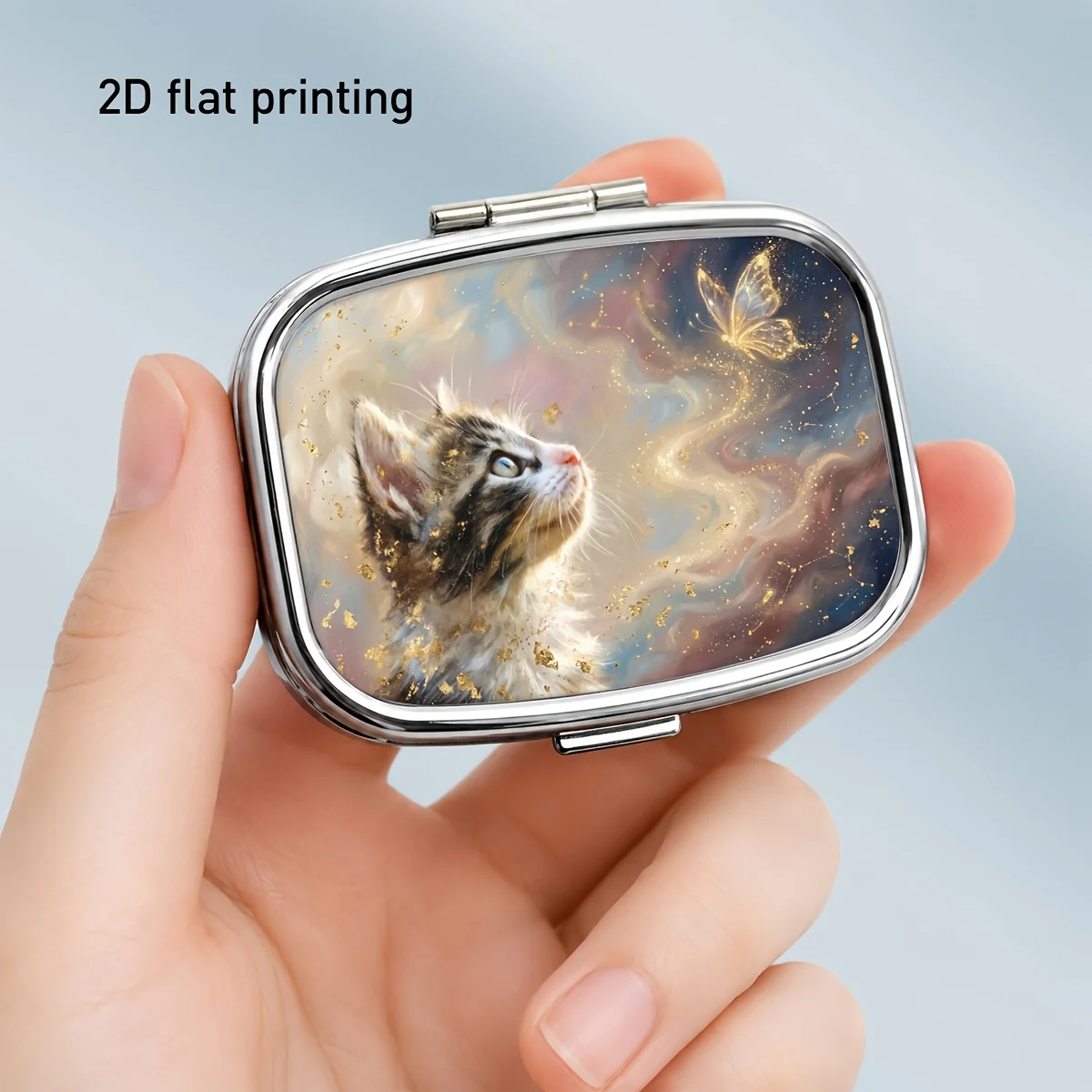 Gorgeous Cloud-Shaped Rainbow Cat Pattern Square Medicine Storage Box, Small Metal Pill Box, Two-Compartment Design, Portable for Storing Vitamins, Jewelry, and Small Items, Durable for Outdoor Travel and Daily Use, a Great Gift