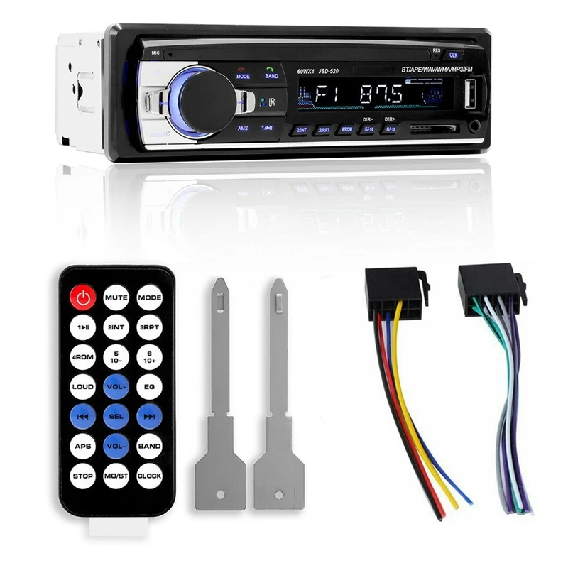 1 DIN Bluetooth Car Stereo Audio In-Dash Handsfree FM Aux Input Receiver SD USB MP3 Radio Player W/ Remote Control 12V