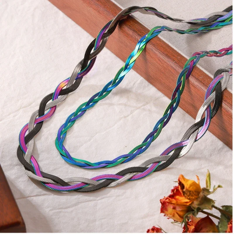 

Stainless Steel Multi-layer Flat Snake Chain Winding Tri Braided Choker Necklace Thin Herringbone Snake Chain Twisted Jewelry