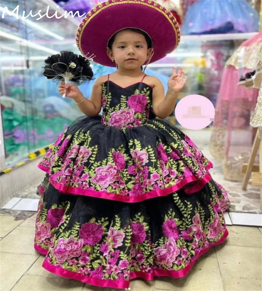 Mexico Black Flower Girls Dress Princess Flower Tiered Cupcake Toddler Kid Pageant Dress Vintage Baby Shower Photoshoot Customiz