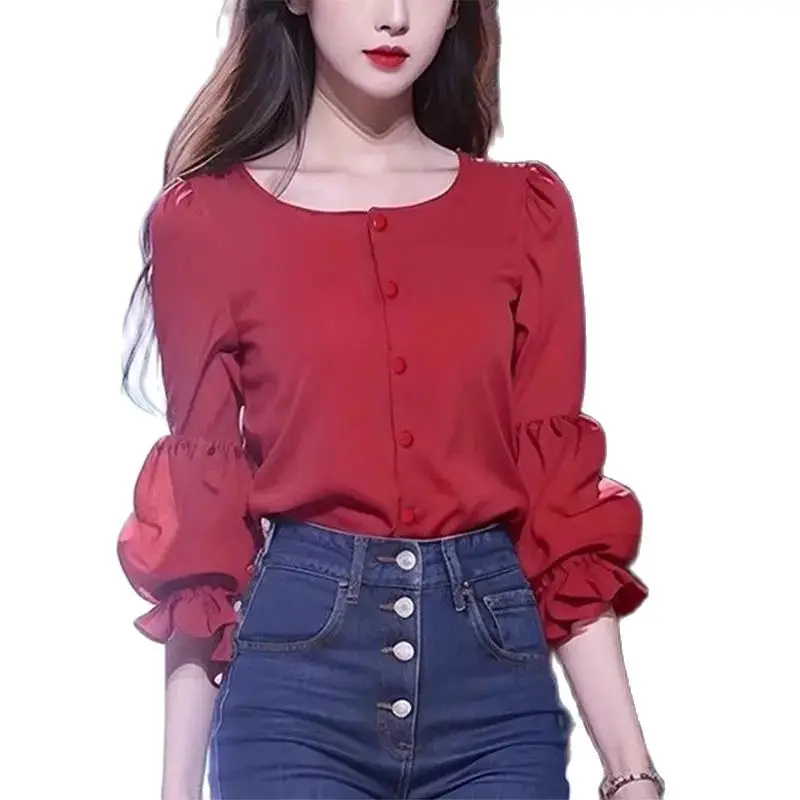 Camisa coreana elegante de verano para mujer, blusa de trabajo, Tops de manga con cuello redondo, botones informales