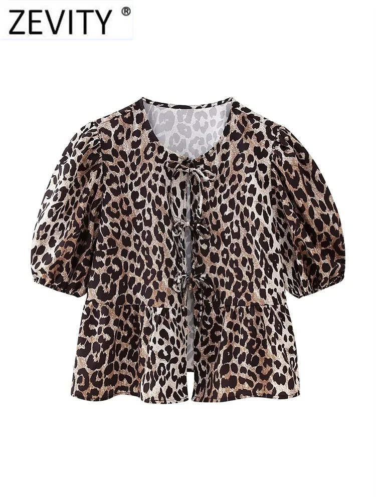 Zevity Women Sweet O Neck Pleat Puff Sleeve Leopard Print Blouse Female Chic Bow Tied Lace Casual Ruffle Shirt Blusas Tops LS304