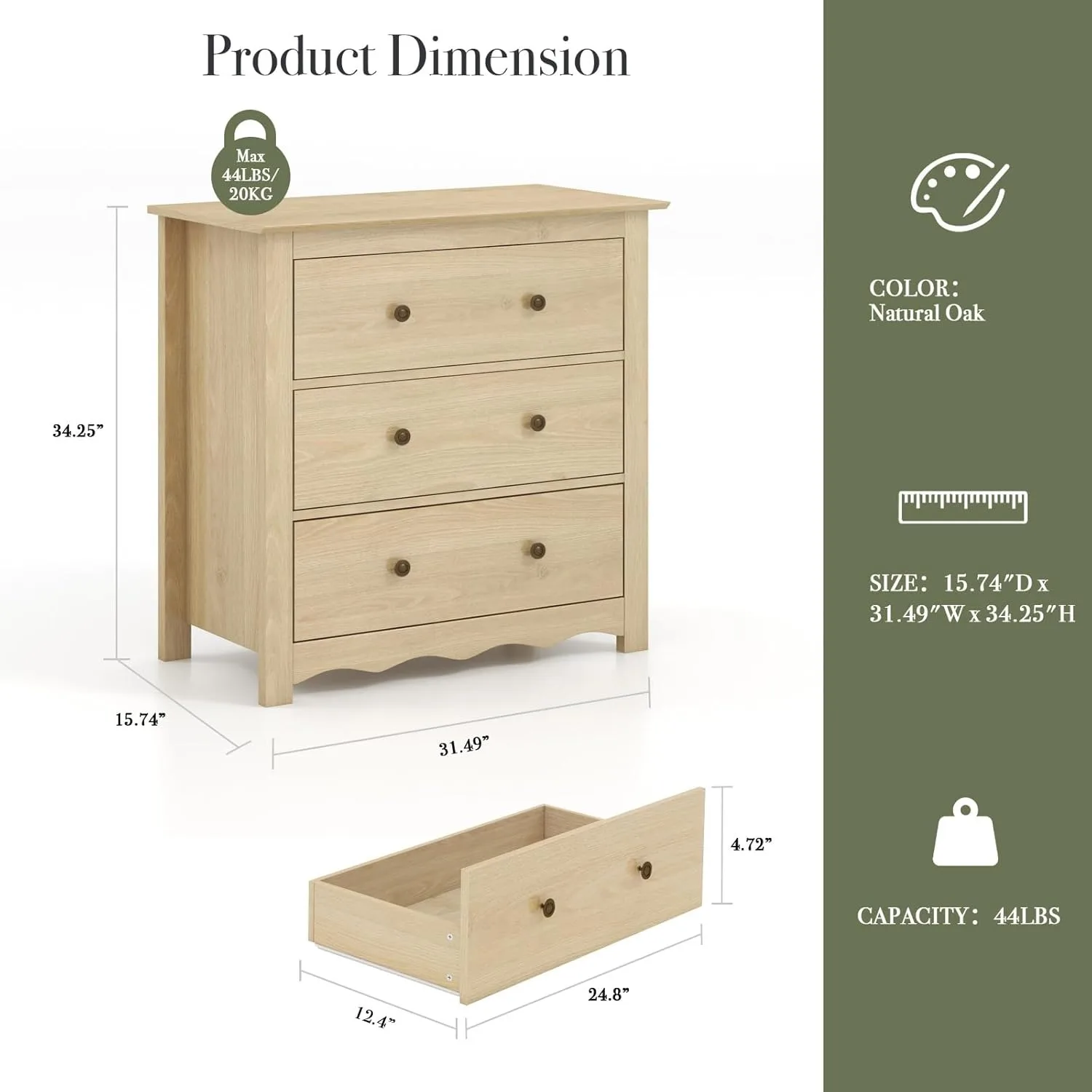 Mid-Century Modern 3-Drawer Bedroom Dresser with Wavefront Design 2