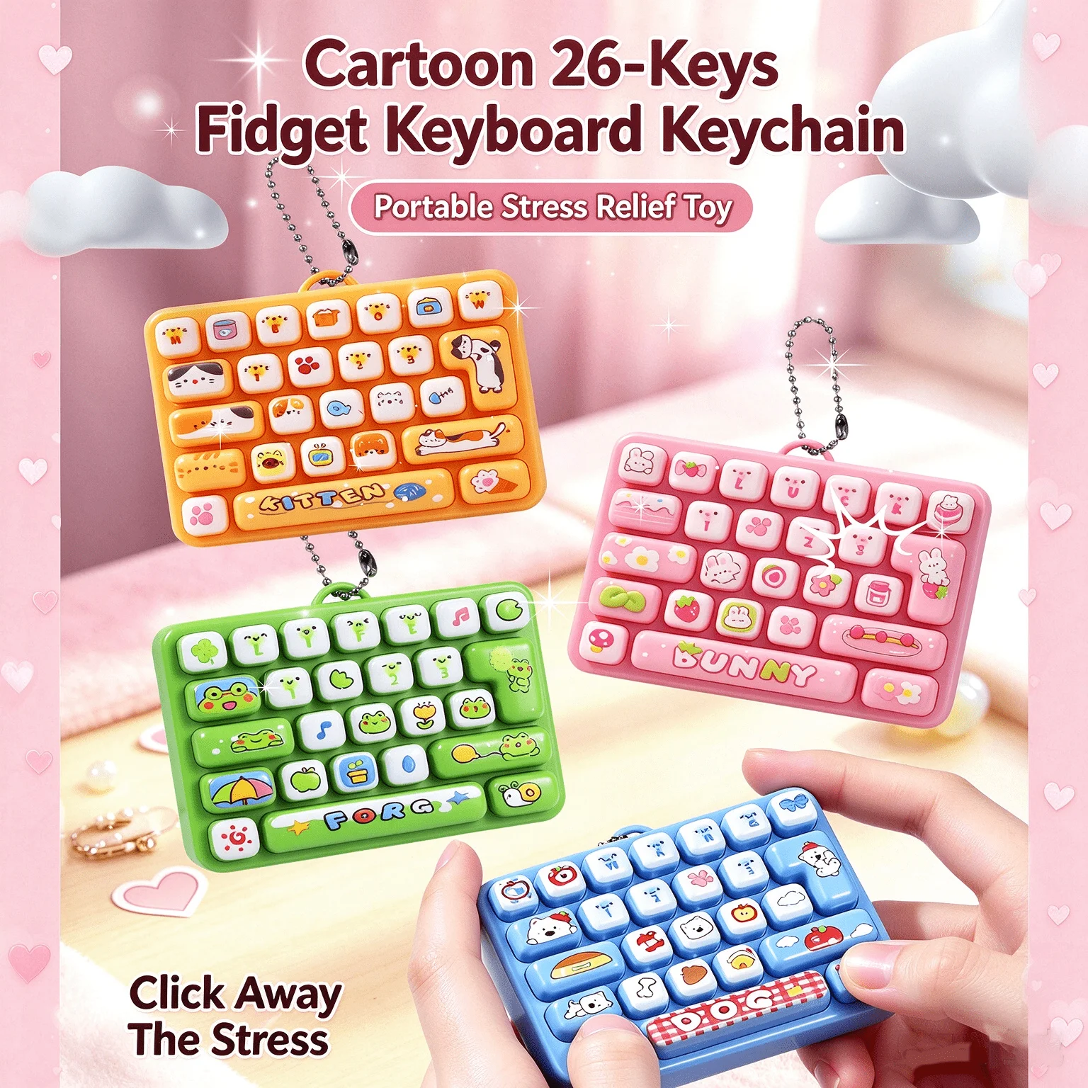 1pc 26 Keys Fidget Keyboard Toy Mini Mechanical Keyboard Keychain Press Pendant Stress Relief Bag Decors For  Adults