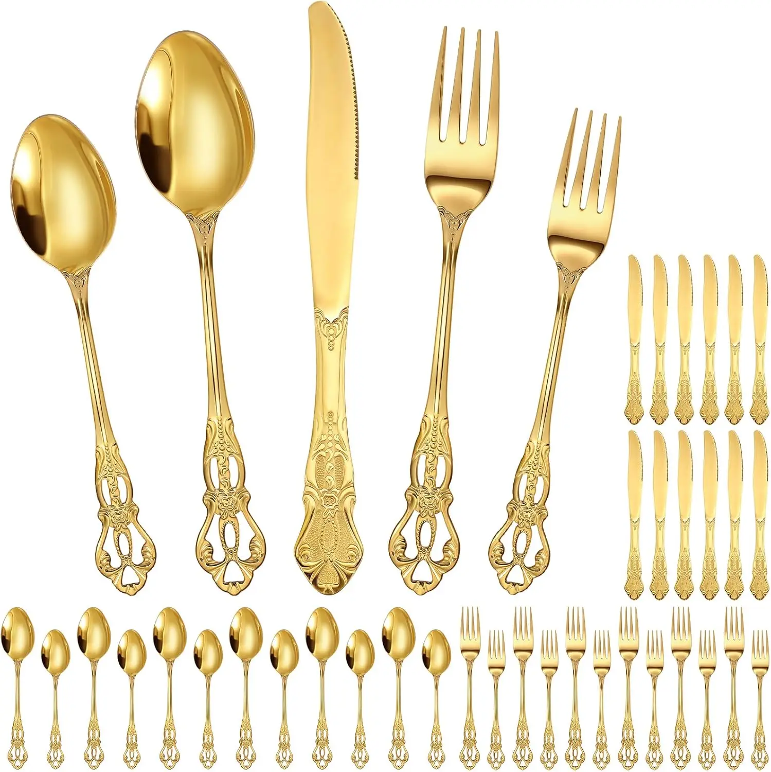 Juego de Cubiertos de Acero Inoxidable Dorado de 60 Piezas, Cubertería Retro Vintage con Tenedores, Cucharas y Cuchillos para el Día de San Valentín, Bodas y Cocina