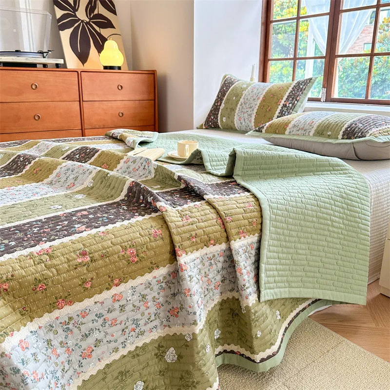 Cotton Quilted Bedspread Set Printed Plaid Padding Quilt Duvet Linen Blanket Cubrecam Bed Cover Colcha Home Bedding Set 3PCS