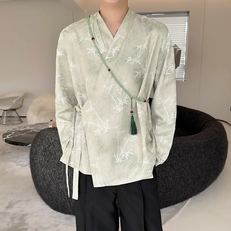 

SYUHGFA Casual Shirts New Chinese Style Oblique Placket Lace-up Long Sleeve Shirt Bamboo Print Top 2024 Summer Temperament