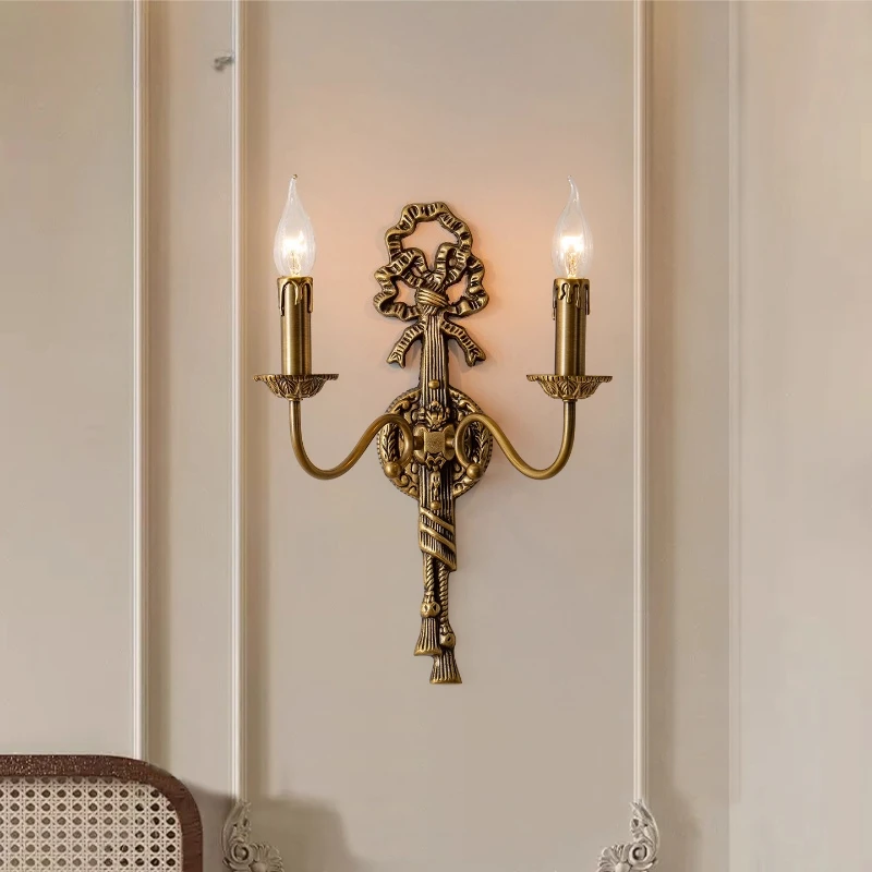 French Luxury All Copper Bowknot LED Wall Lamps Double-headed Candle Light Living Retro Room Bedroom Restaurant Corridor Sconces