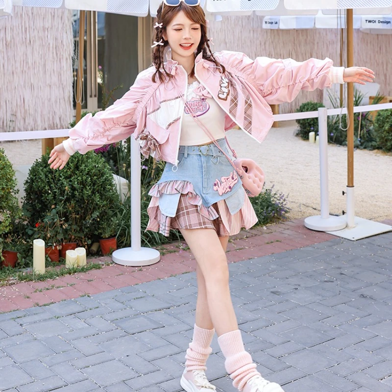 Spring Autumn Design Pleated Plaid Color Block Women's Coat New Bowknot Ruched Loose Short Colorful Sweet Cool Jacket Ladies